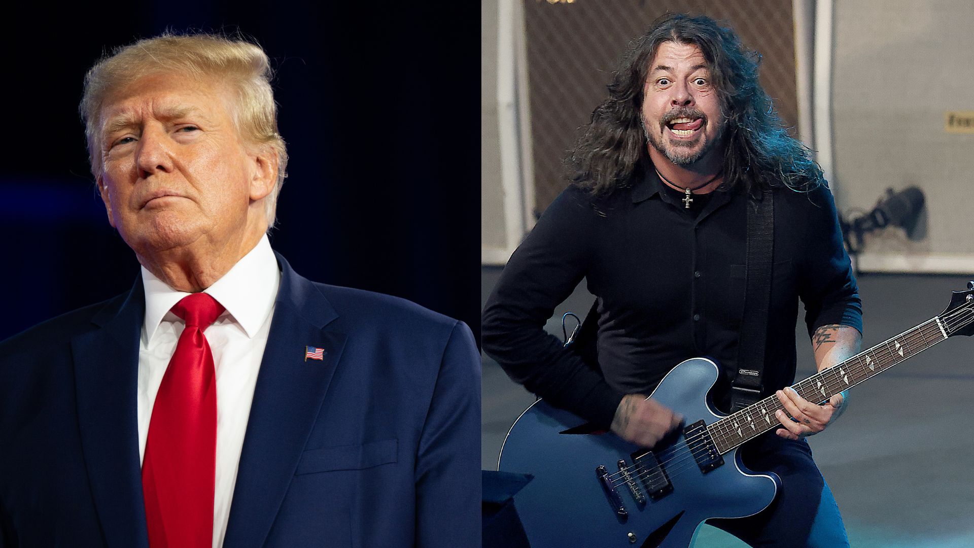 Rechts: Dave Grohl tritt während der „Austin City Limits“-Fernsehaufnahmen der Foo Fighters bei ACL Live am 12. Oktober 2023 in Austin, Texas, auf; Links: Der ehemalige US-Präsident Donald Trump spricht auf der Conservative Political Action Conference (CPAC) im Hilton Anatole am 06. August 2022 in Dallas, Texas