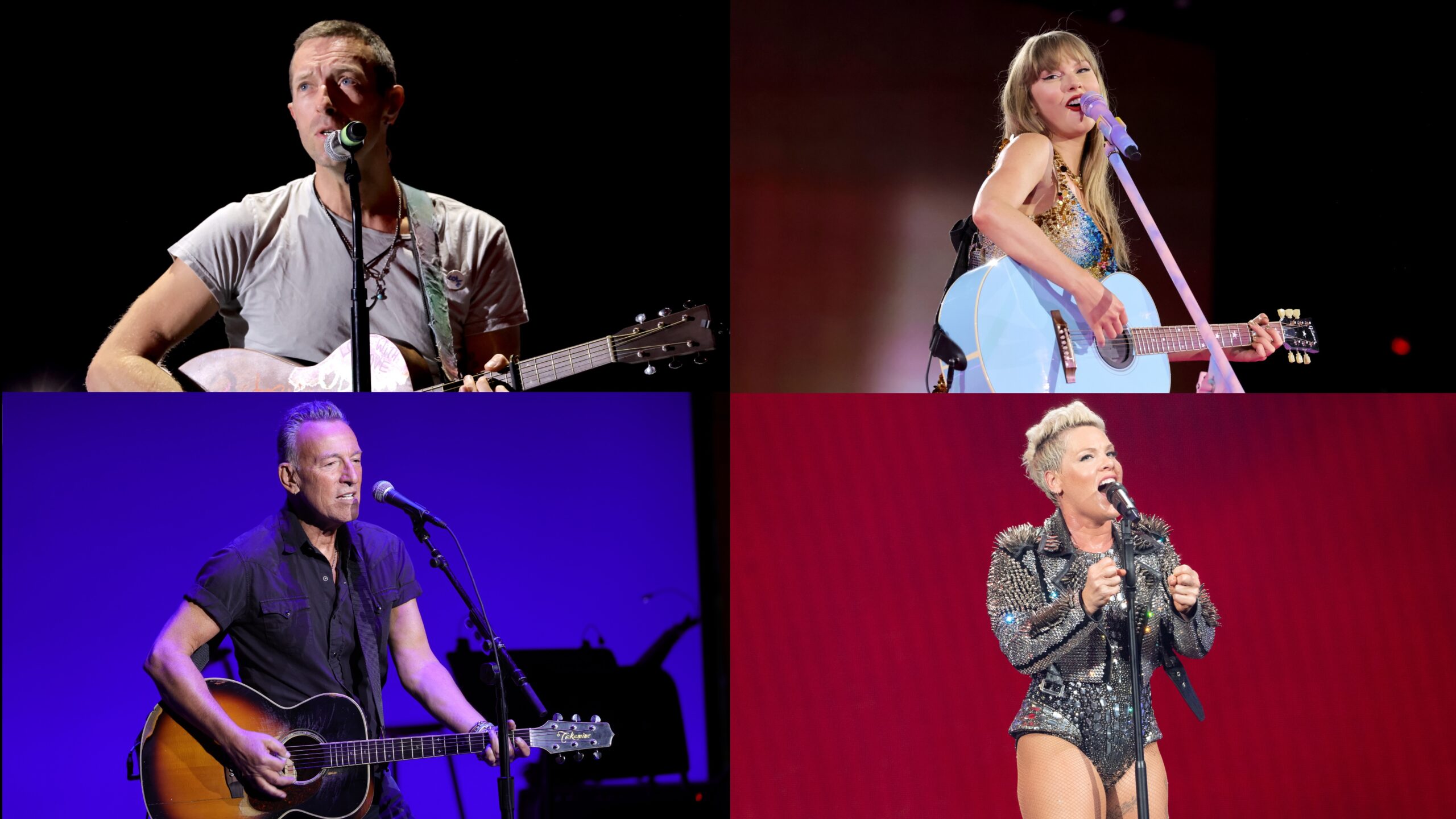 Chris Martin (o.l.)/Taylor Swift (o.r.)/Bruce Springsteen (u.l.)/Pink (u.r.)